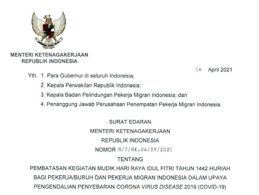 Pemerintah Imbau Pekerja Swasta dan Buruh Migran Indonesia di Luar Negeri Tidak Mudik Lebaran
