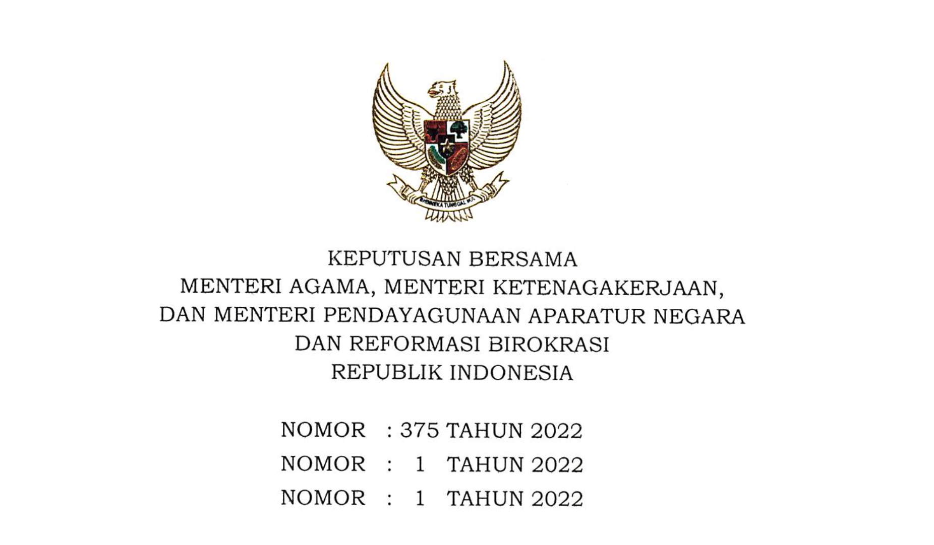 SKB 3 Menteri Perubahan Hari Libur Nasional dan Cuti Bersama Tahun 2022