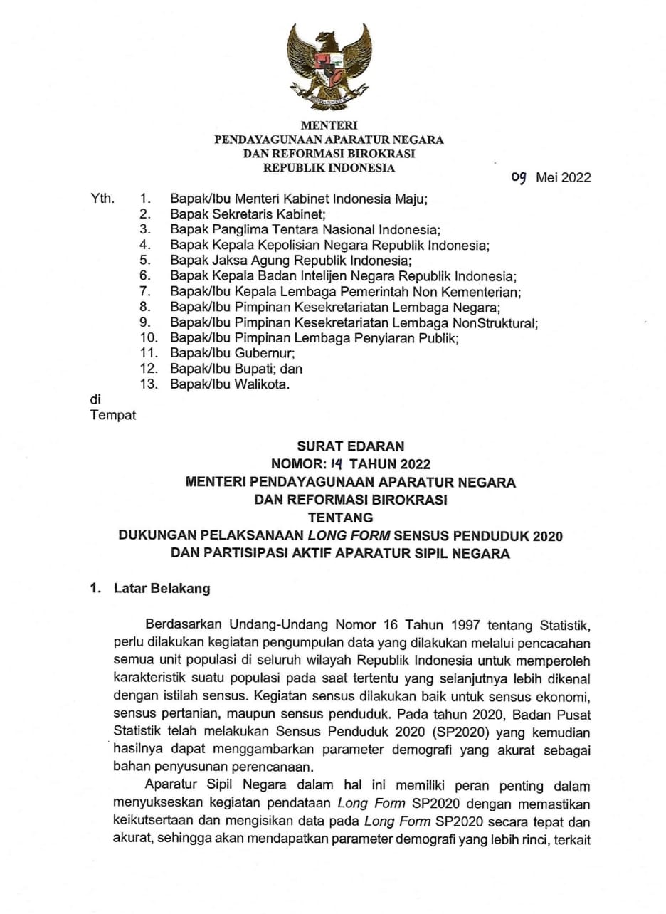 Surat Edaran Menpan RB Agar ASN  Dukung Long Form Sensus Penduduk 2020