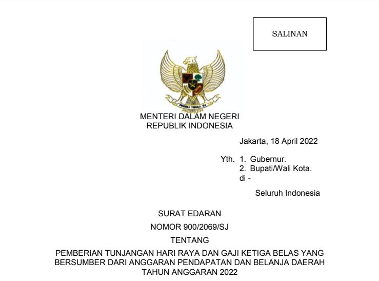 Mendagri Terbitkan Aturan Pemberian THR dan Gaji ke-13 Untuk Pemda