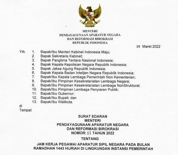 Jam Kerja ASN Selama Bulan Ramadan 1443 H