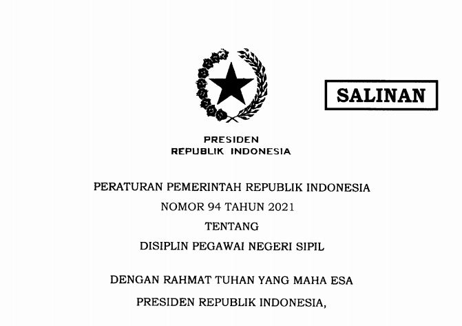 PP 94/2021 tentang Disiplin PNS: Inilah Ketentuan Hukuman Disiplin Bagi PNS