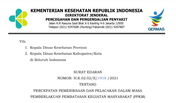 Pemerintah Terbitkan Surat Edaran Testing dan Tracing Secara Masif di Tujuh Provinsi