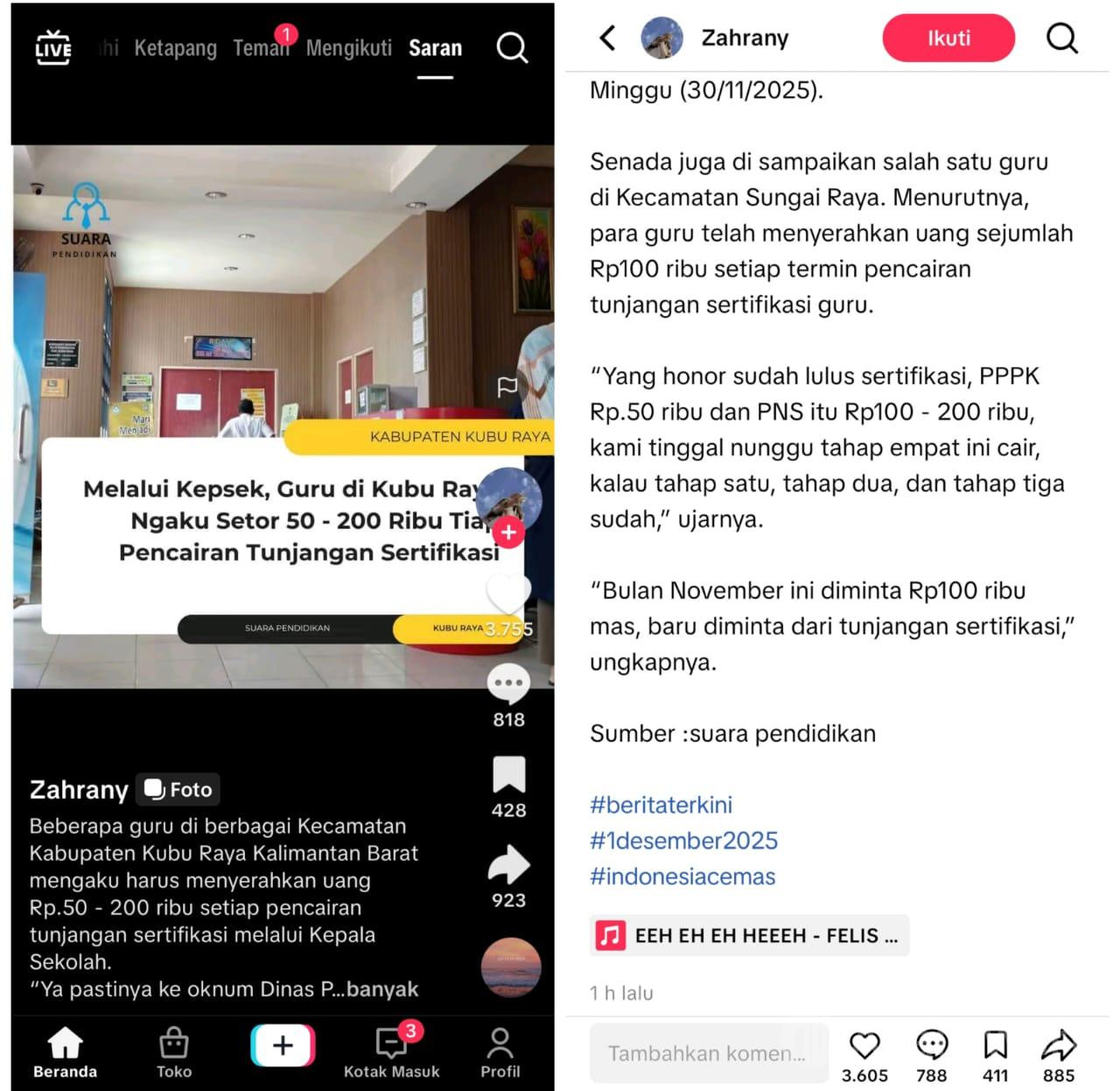 Viral di TikTok, Unggahan Guru Kubu Raya Ngaku Setor Rp50–200 Ribu Tiap Cair Tunjangan Sertifikasi