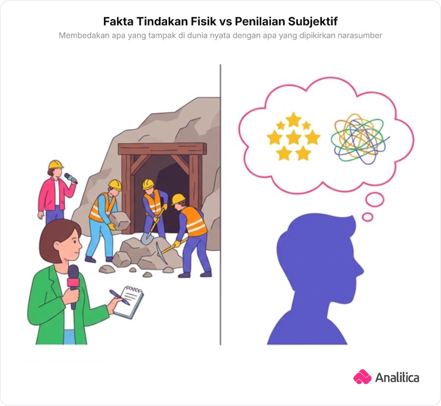Ilustrasi jurnalis mencatat tindakan nyata tim penyelamat di lapangan berdampingan dengan ilustrasi simbol evaluasi abstrak.