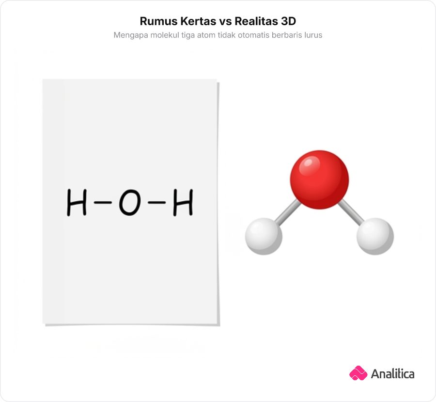 Ilustrasi perbandingan rumus datar H-O-H dengan molekul air 3D yang berbentuk bengkok V