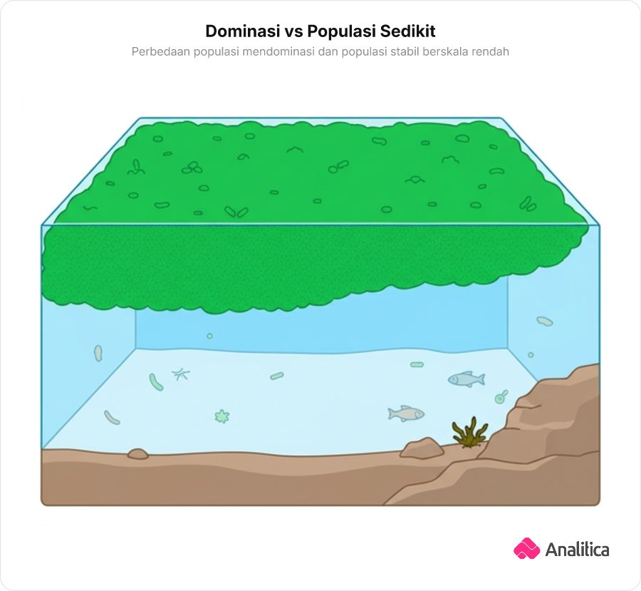 Ilustrasi kolam perairan dengan alga hijau lebat mendominasi di sebagian besar permukaan dan sekelompok kecil alga lain di sudut kolam