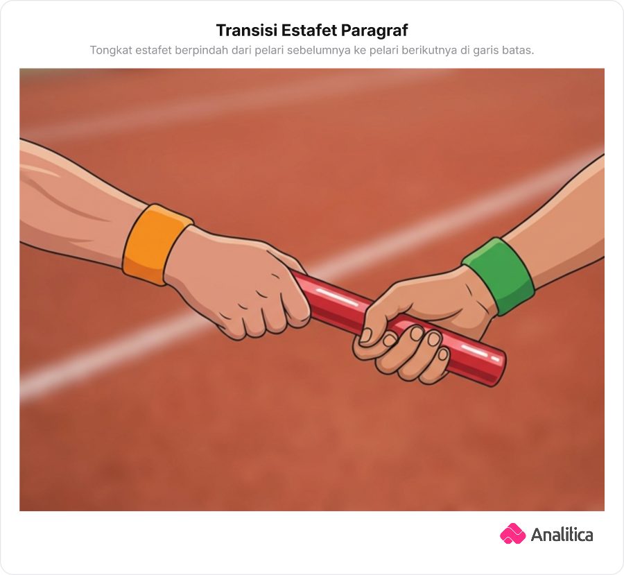Dua pelari estafet sedang mengoper tongkat di zona pergantian lari.
