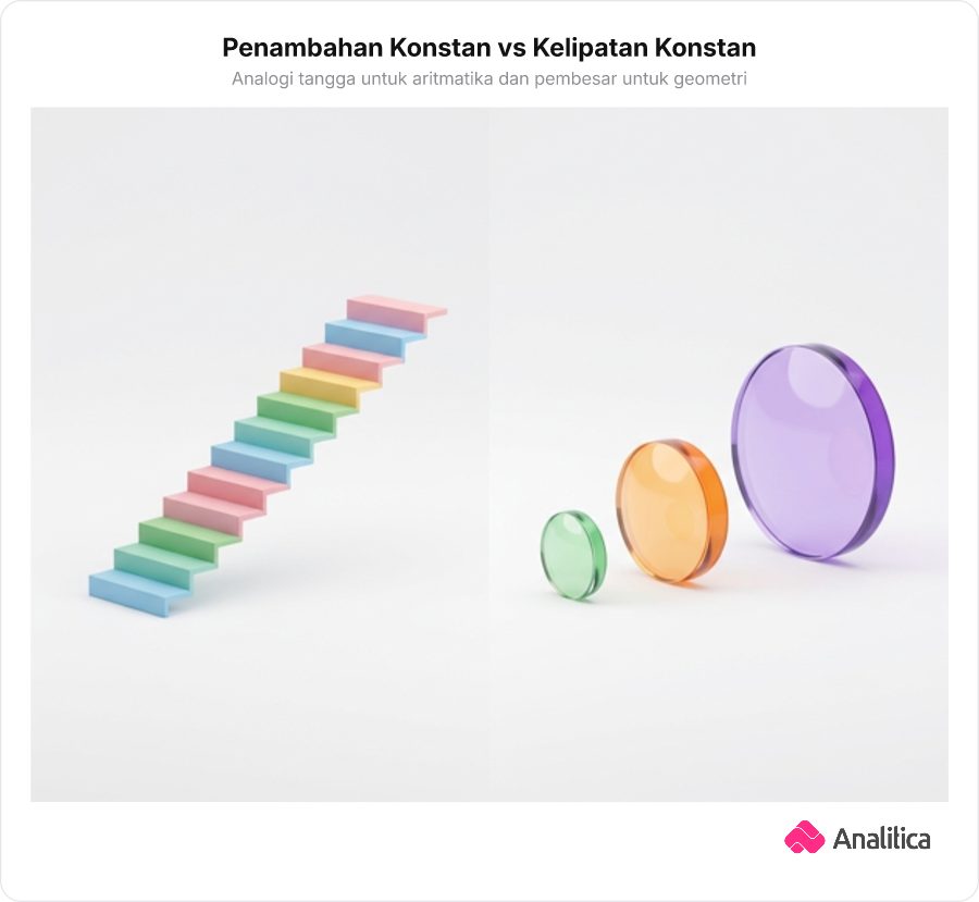 Ilustrasi perbandingan antara tangga bertingkat sama dan pembesaran ukuran bertahap