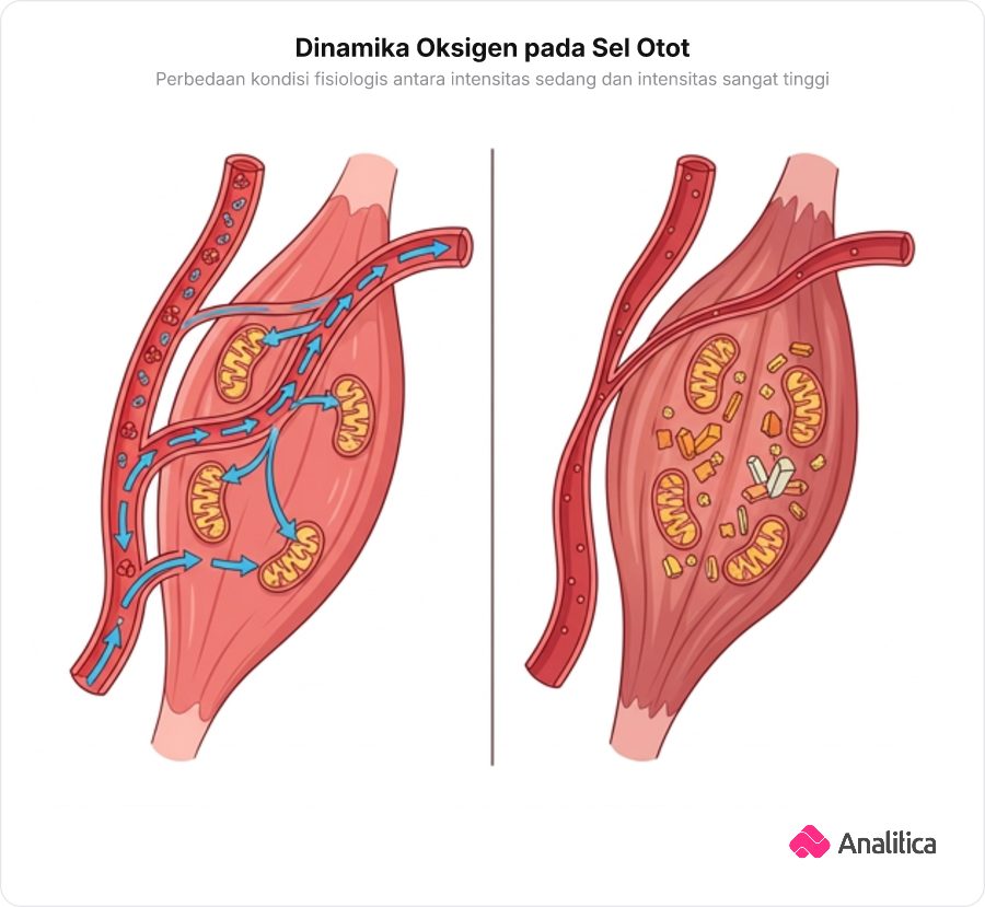 Ilustrasi perbandingan dua kondisi otot: suplai darah kaya oksigen lancar vs otot tertekan akibat minim oksigen.