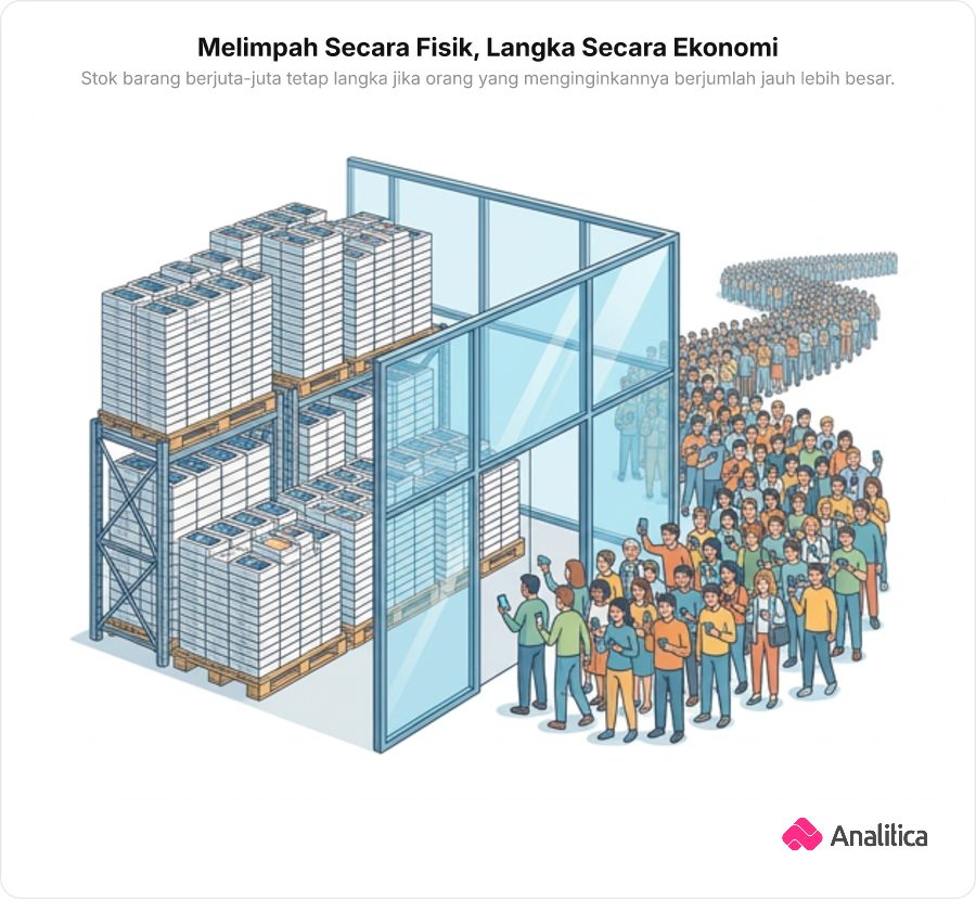 Ilustrasi gudang logistik modern dengan ribuan kotak smartphone bertumpuk rapi, sementara di luar pintu kaca tampak lautan antrean calon pembeli yang berdesakan ingin membeli.