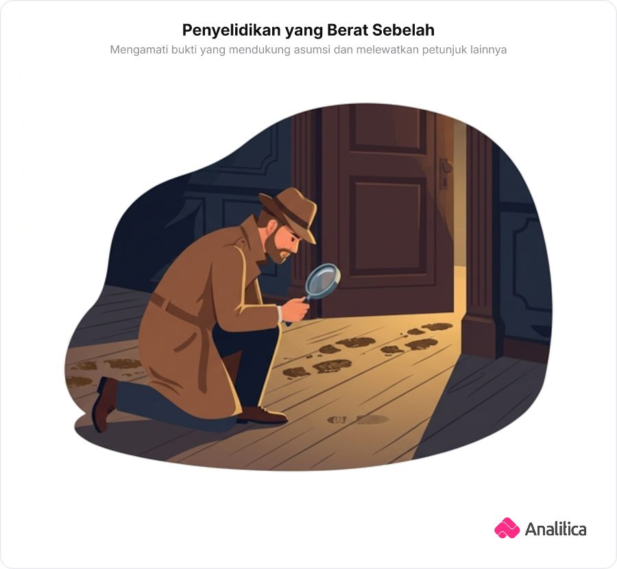 Ilustrasi seorang detektif yang hanya memeriksa jejak kaki kecil ke satu tersangka sambil mengabaikan jejak lumpur besar ke arah lain.