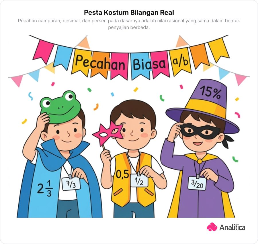 Ilustrasi tiga karakter di pesta kostum yang membuka topengnya dan memiliki wujud yang sama.