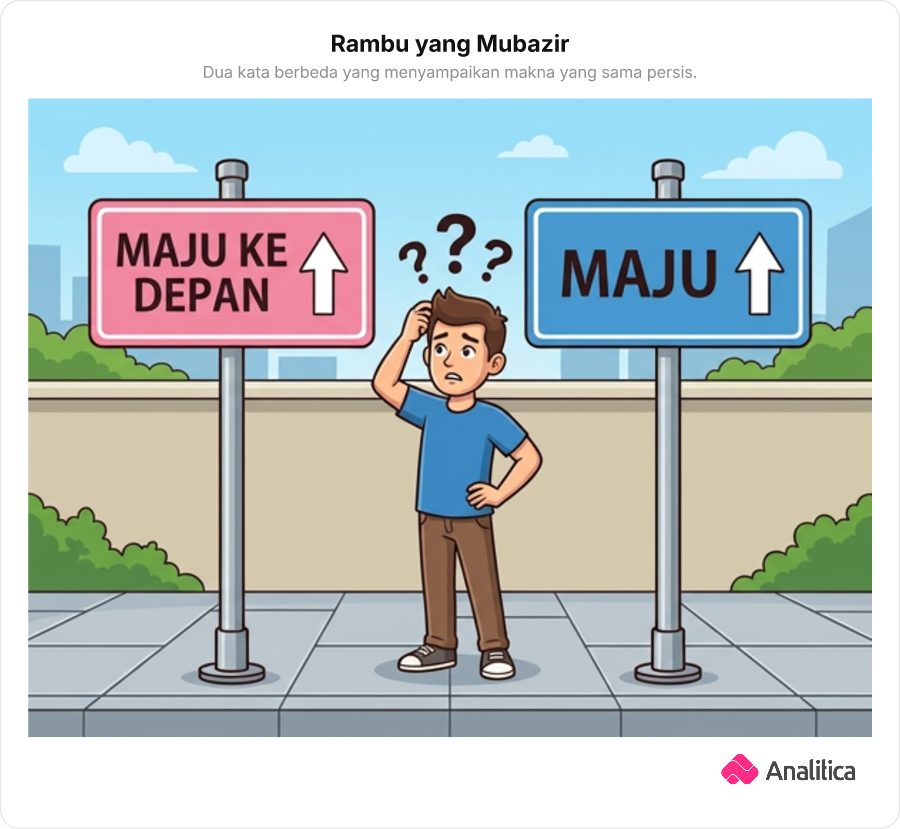 Ilustrasi komedi dua rambu jalan di persimpangan: satu rambu bertuliskan Maju ke Depan dan rambu lain bertuliskan Maju, dengan seorang pejalan kaki menggaruk kepala kebingungan.