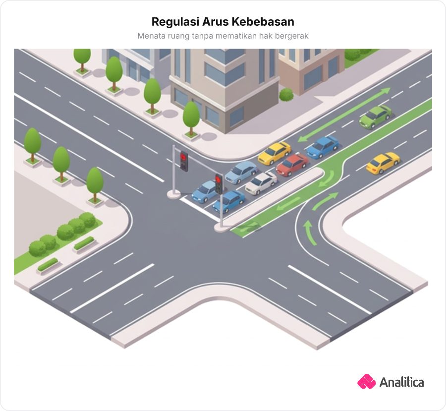 Ilustrasi jalan raya dengan lampu merah di persimpangan dan jalur alternatif terbuka
