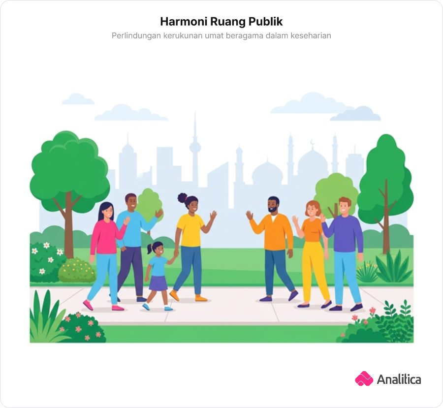 Ilustrasi warga hidup berdampingan secara damai di taman kota dengan latar rumah ibadah