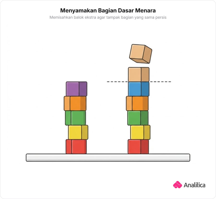 Dua menara balok dengan tinggi berbeda, menara yang lebih tinggi memiliki garis batas putus-putus yang memisahkan balok bagian atasnya agar bagian bawahnya setara dengan menara yang lebih pendek.
