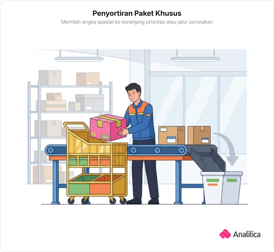 Ilustrasi meja penyortiran paket dengan keranjang khusus VIP untuk angka 2 dan tempat penolakan untuk angka 1 dan 8.