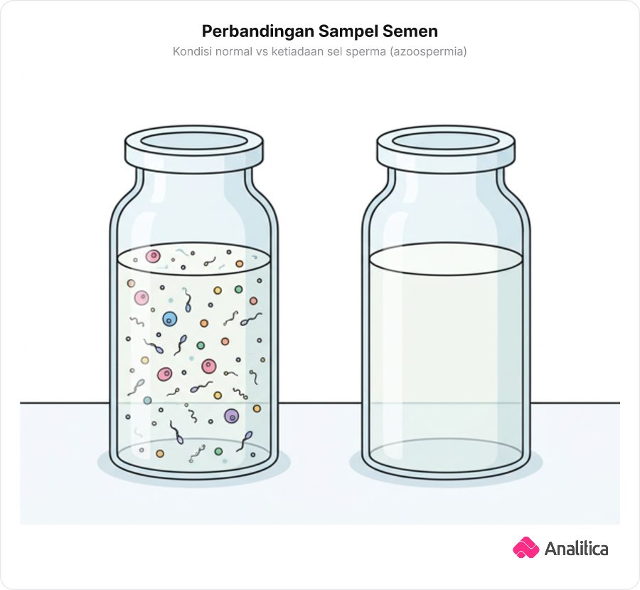 Perbandingan dua wadah sampel cairan di laboratorium, wadah normal berisi banyak titik sel sedangkan wadah azoospermia kosong.