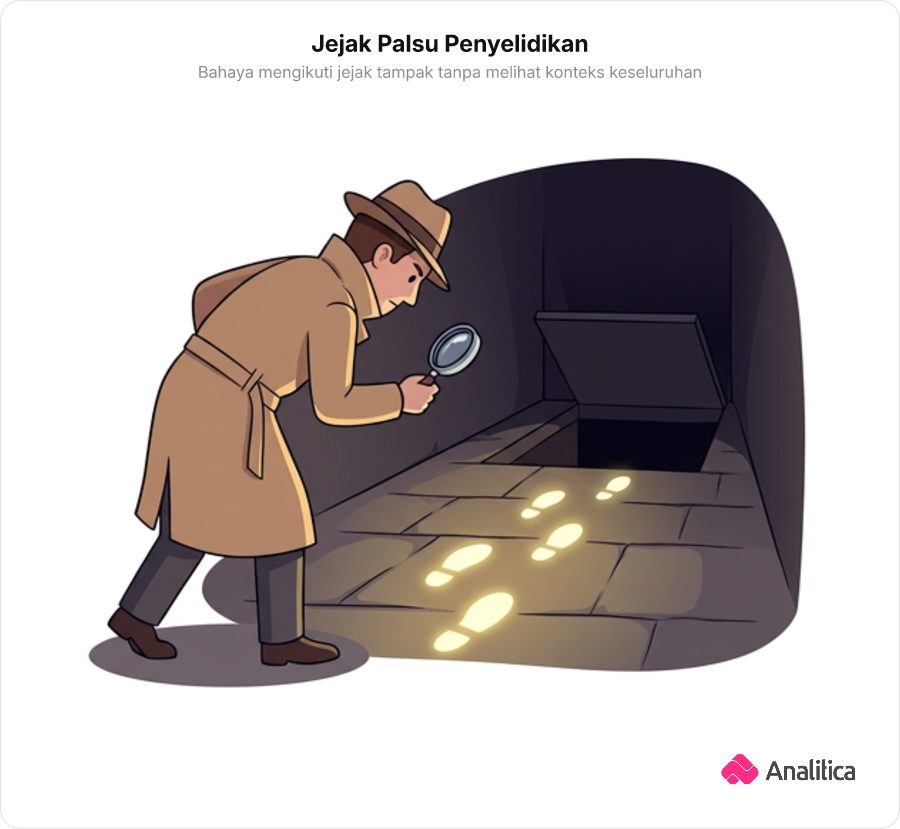 Ilustrasi seorang detektif dengan kaca pembesar mengikuti jejak kaki bercahaya yang mengarah ke lubang perangkap tersembunyi.
