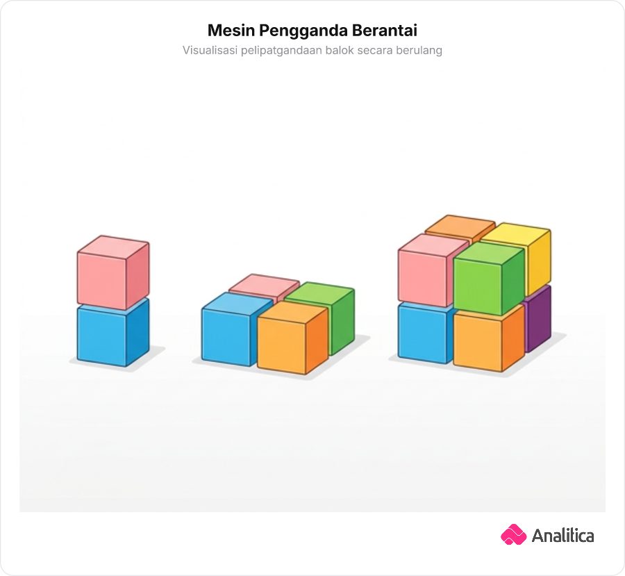 Ilustrasi konsep penggandaan balok dari dua menjadi empat lalu delapan secara geometris tanpa teks.