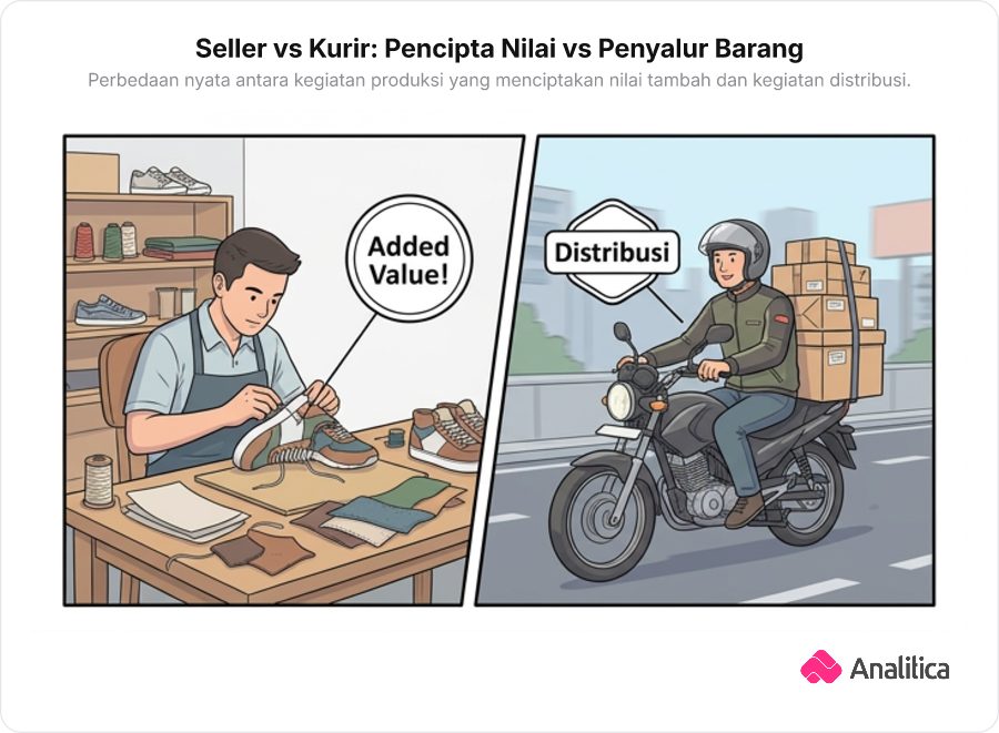 Ilustrasi split screen komik: pengrajin sepatu menjahit sepatu dan kurir mengendarai motor mengantar paket kardus.