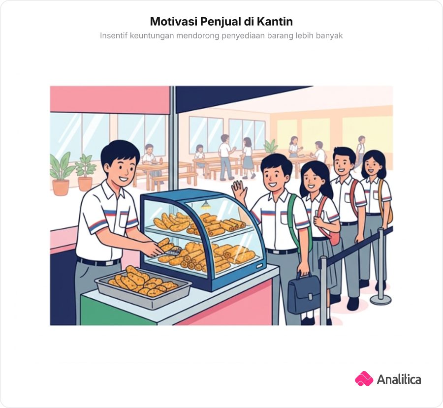 Ilustrasi seorang siswa di kantin sekolah yang antusias menata banyak gorengan di etalase karena antrean pembeli yang ramai.