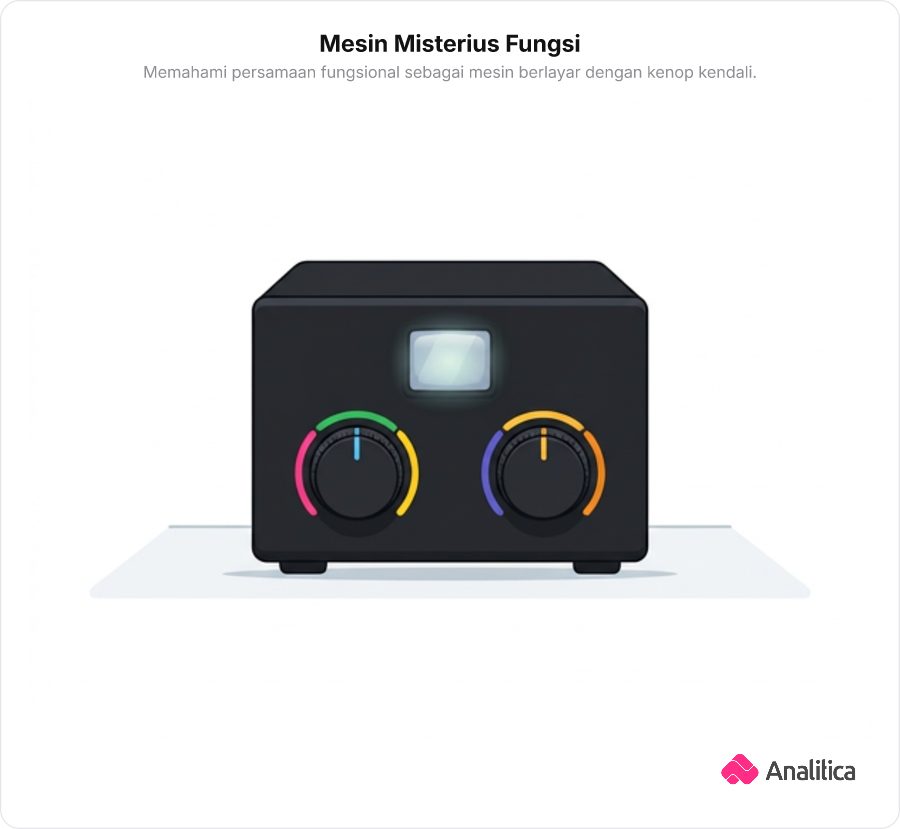 Mesin kotak hitam sci-fi retro dengan dua kenop putar input dan satu layar tampilan angka output.