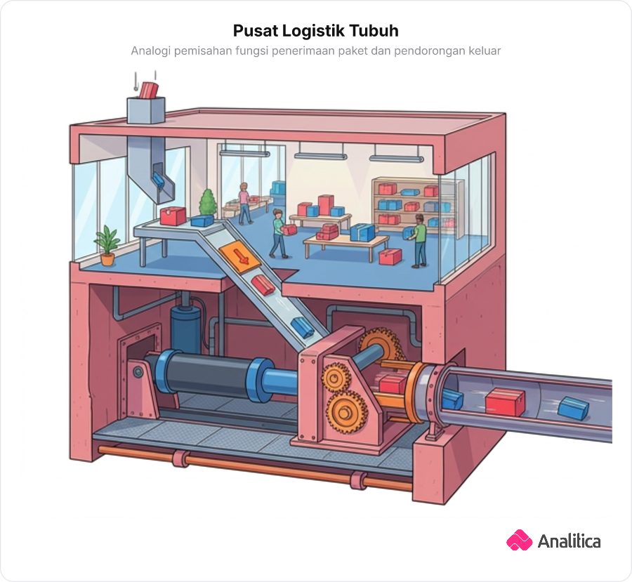Ilustrasi konseptual pusat logistik yang membedakan area penerimaan santai dan area pengiriman dengan mesin pendorong raksasa.