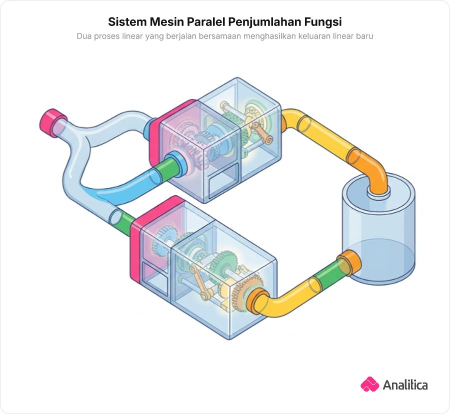 Dua mesin pabrik transparan berjejer paralel menerima input x dan mengeluarkan hasil ax+b dan px+q ke wadah bersama 3x+5
