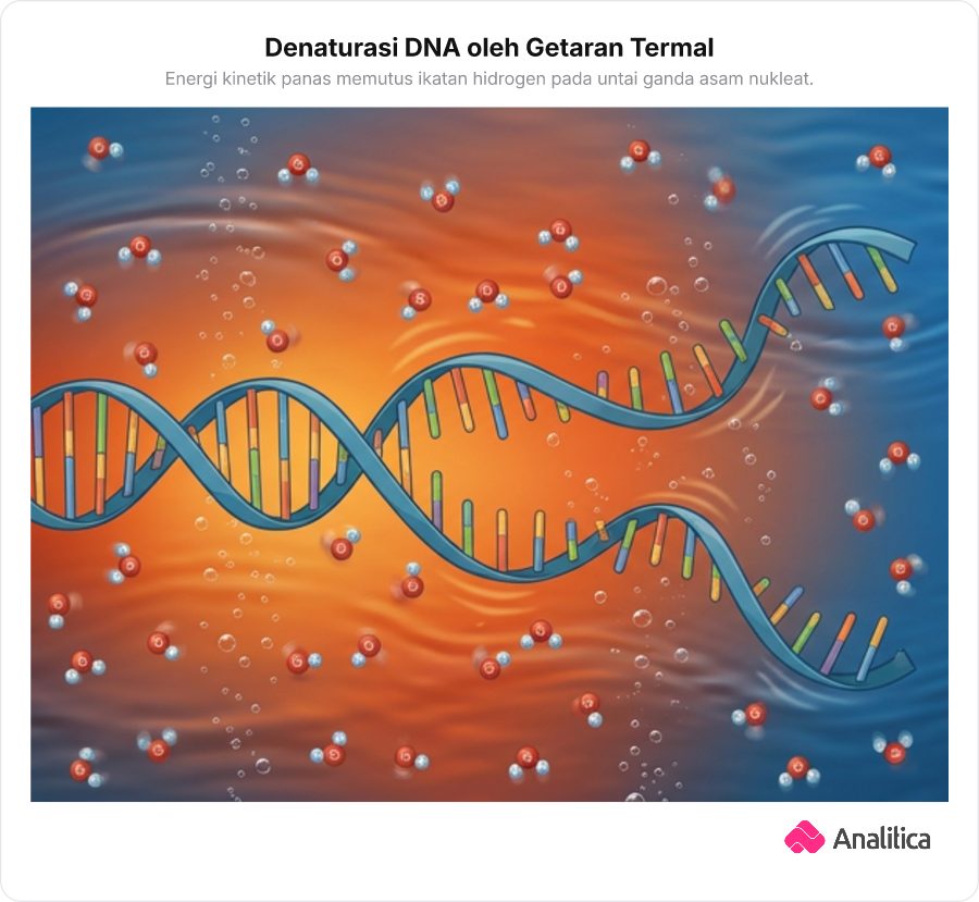 Ilustrasi molekuler denaturasi DNA akibat energi kinetik panas di dalam medium berair.