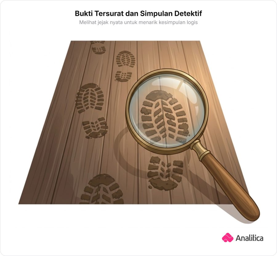 Ilustrasi jejak sepatu berlumpur di lantai kayu yang disorot oleh kaca pembesar detektif.