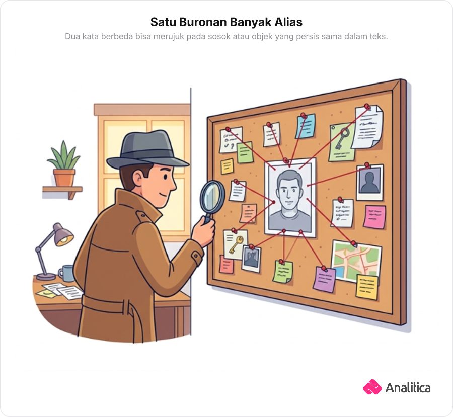 Ilustrasi seorang detektif sedang meneliti papan buronan yang menampilkan satu sketsa wajah dengan beberapa label alias yang berbeda.