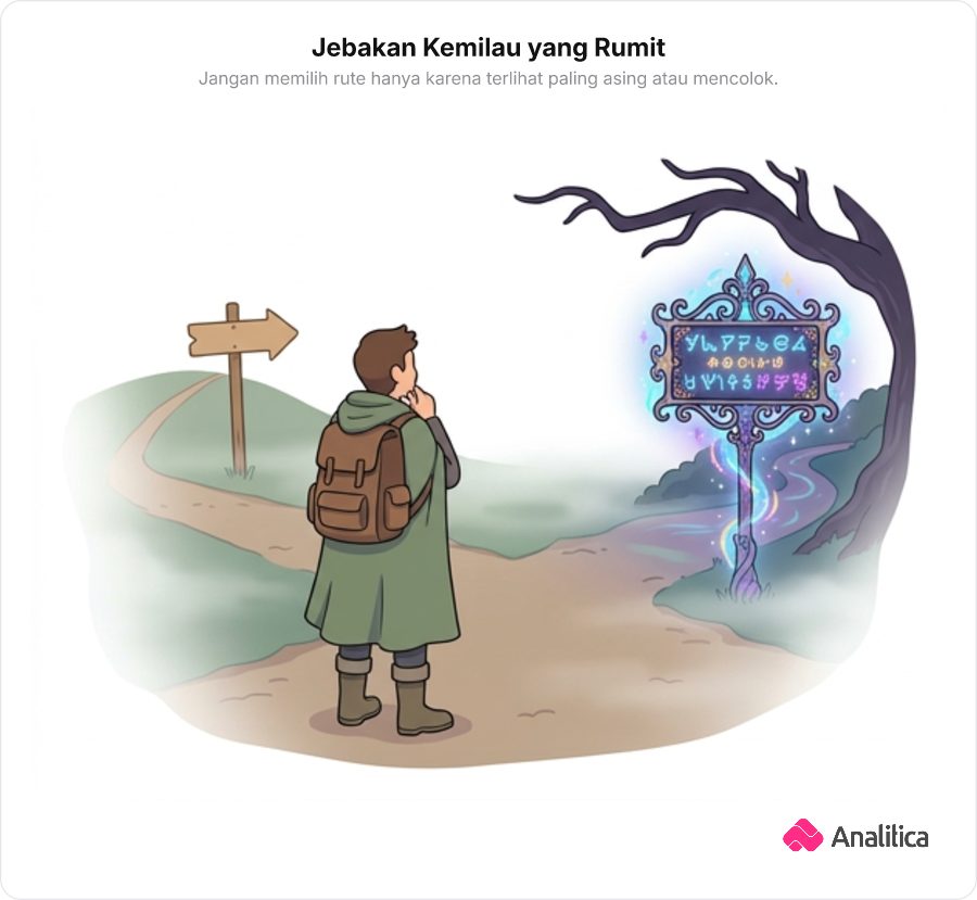 Ilustrasi seorang pengelana di persimpangan jalan berdiri di antara papan penunjuk arah sederhana dan papan rumit yang penuh simbol aneh bercahaya.