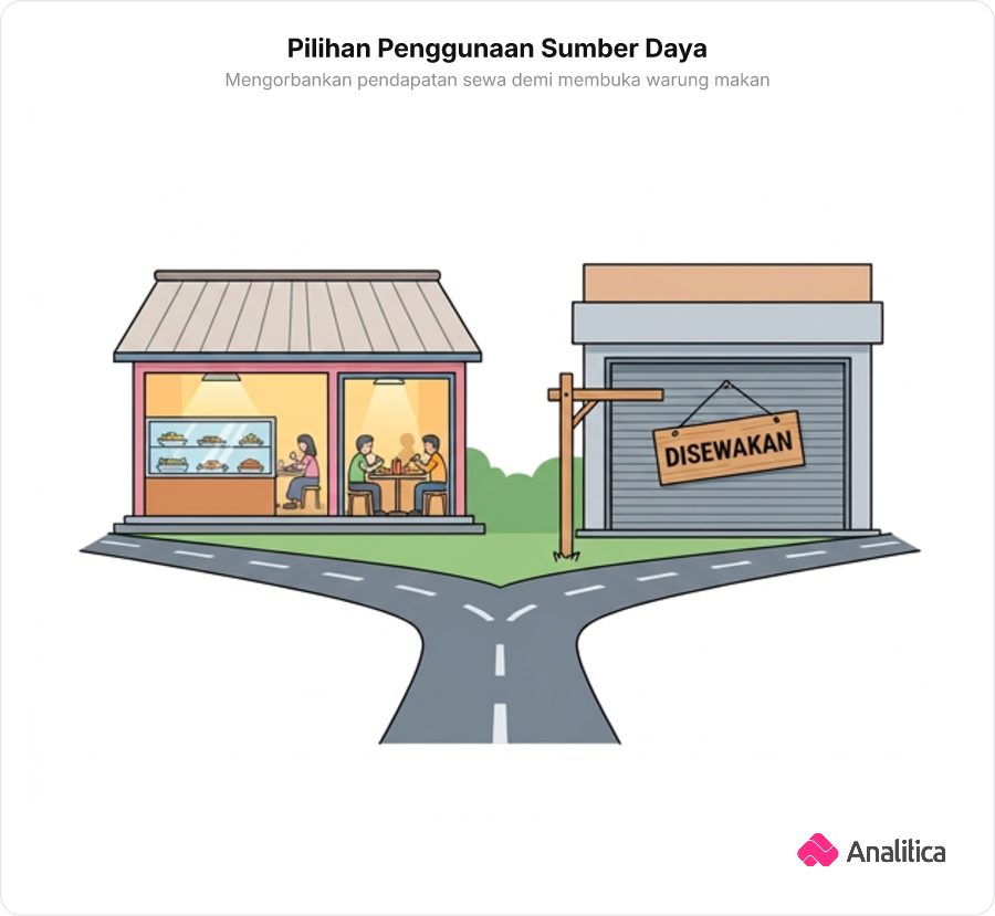 Ilustrasi dua pilihan ruko: satu arah warung makan ramai, arah lain ruko bertutup dengan tulisan disewakan.