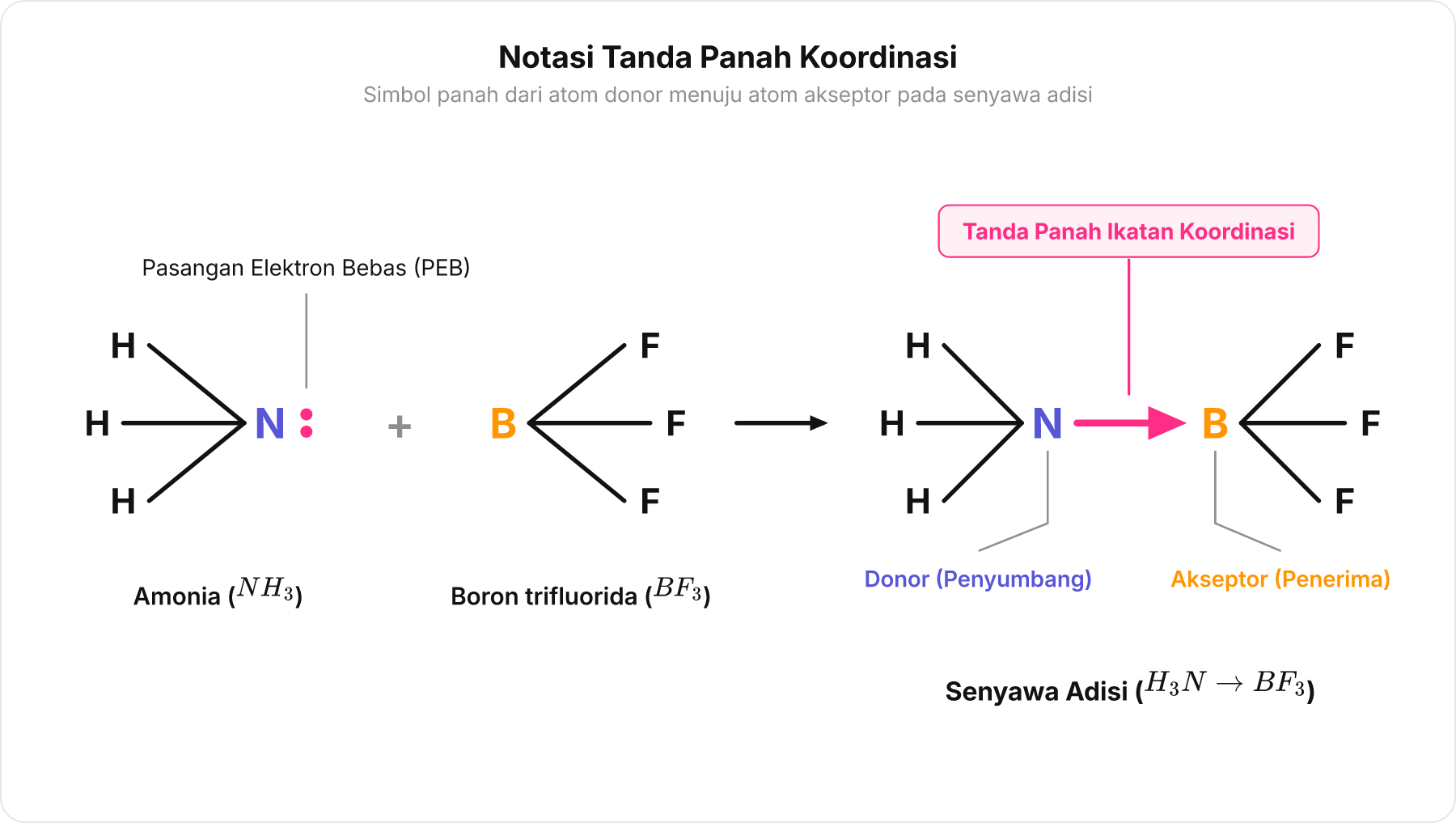 Diagram reaksi penggabungan amonia dan boron trifluorida membentuk senyawa adisi dengan tanda panah koordinasi dari N ke B.