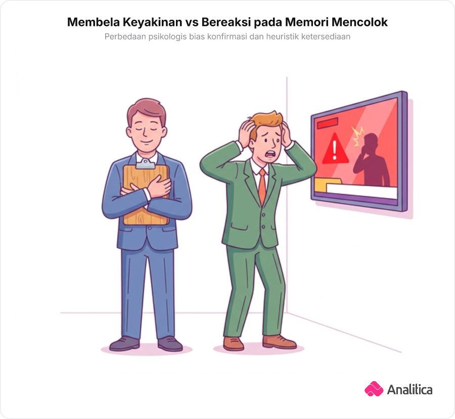 Ilustrasi perbedaan antara mempertahankan keyakinan lama dan kepanikan akibat peristiwa dramatis terbaru.