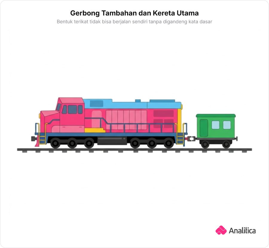 Ilustrasi lokomotif kereta api besar dengan satu gerbong kecil tambahan di belakangnya yang siap digabungkan.