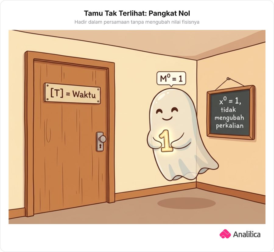 Ilustrasi metafora variabel berpangkat nol sebagai entitas bernilai satu yang hadir tanpa merubah nilai sistem.