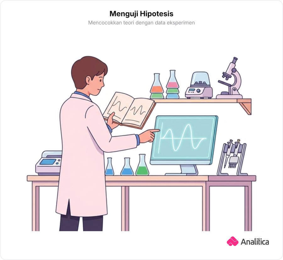 Ilmuwan mencocokkan hipotesis teori di buku catatan dengan data grafik hasil eksperimen laboratorium.