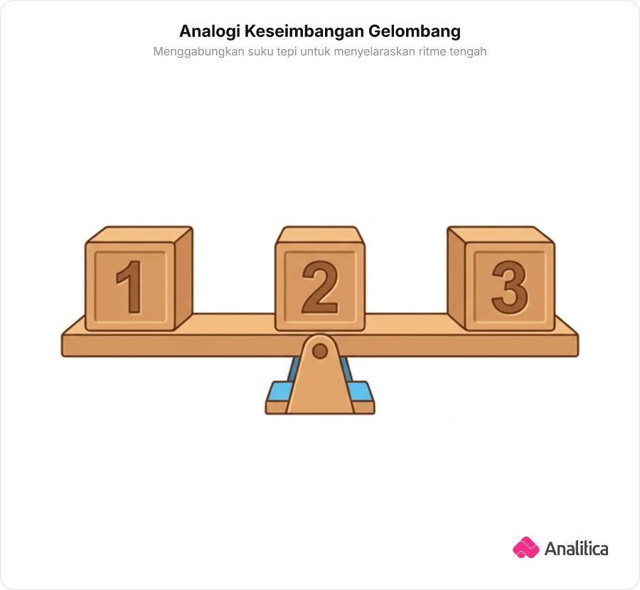 Ilustrasi analogi keseimbangan tiga balok bernomor 1, 2, dan 3 yang ditata seimbang.