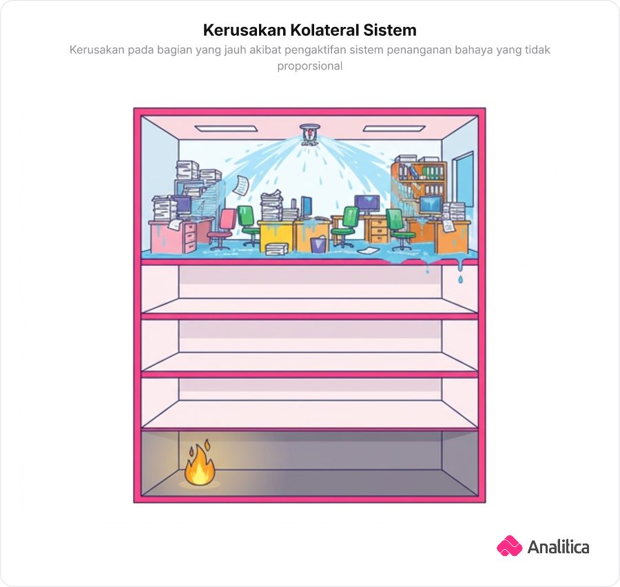 Ilustrasi sistem sprinkler gedung menyala di lantai atas yang berisi dokumen penting padahal api hanya di ruang bawah tanah.