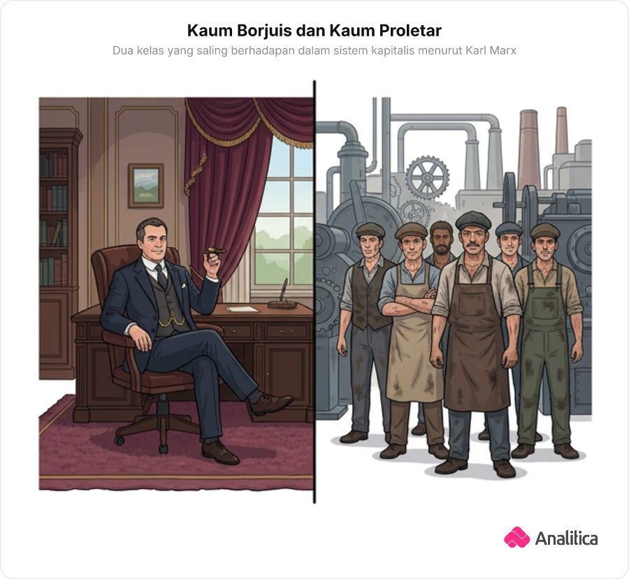 Ilustrasi kontras dua figur: pemilik modal berdasi di kantor megah dan sekelompok pekerja pabrik berseragam lelah.