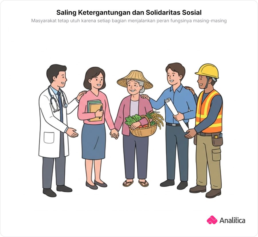 Ilustrasi sekelompok orang dengan beragam profesi membentuk lingkaran saling berpegangan tangan tanda kesatuan sosial.