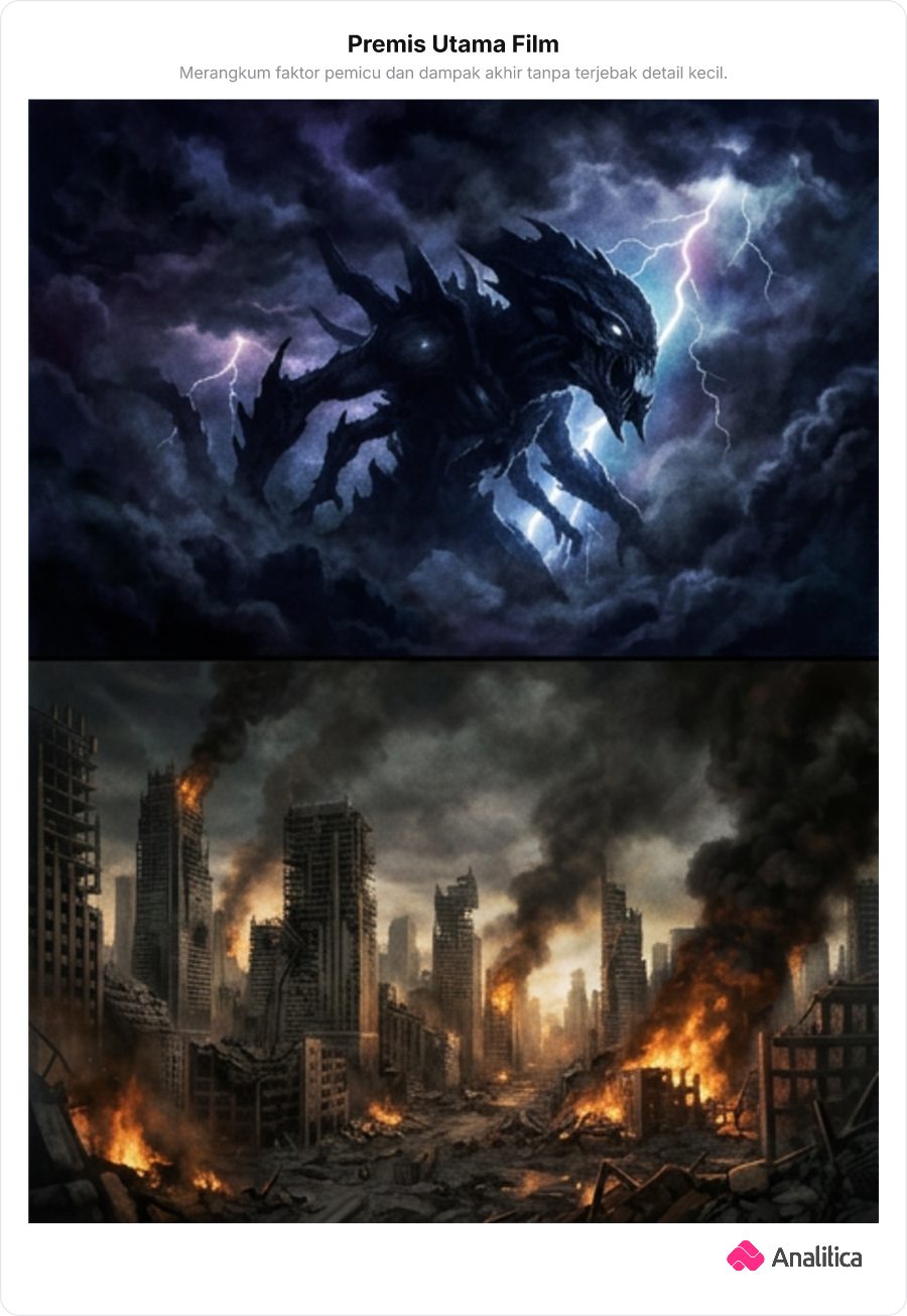 Poster film dengan monster alien raksasa di atas dan reruntuhan kota di bawah yang menggambarkan relasi sebab dan akibat.