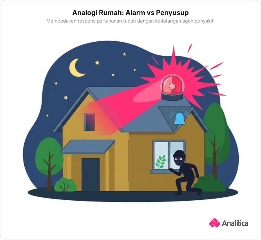 Ilustrasi analogi rumah dengan lampu alarm menyala merah terang dan siluet sosok di luar jendela