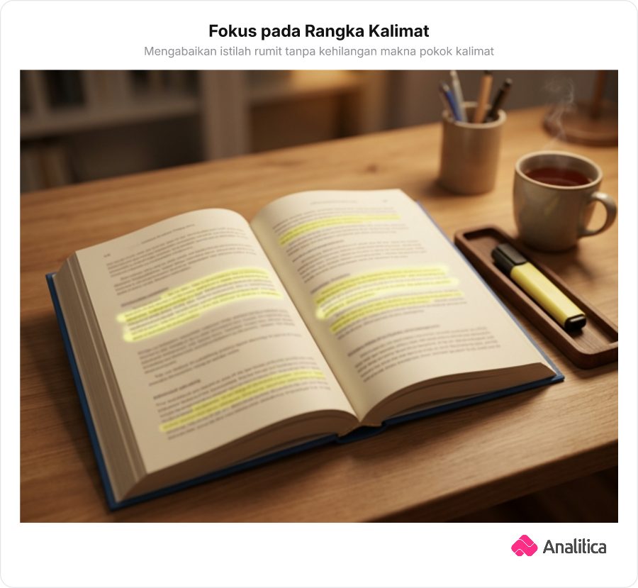 Ilustrasi halaman buku sains dengan kata-kata teknis kabur halus dan kalimat struktur utama disorot stabilo terang.