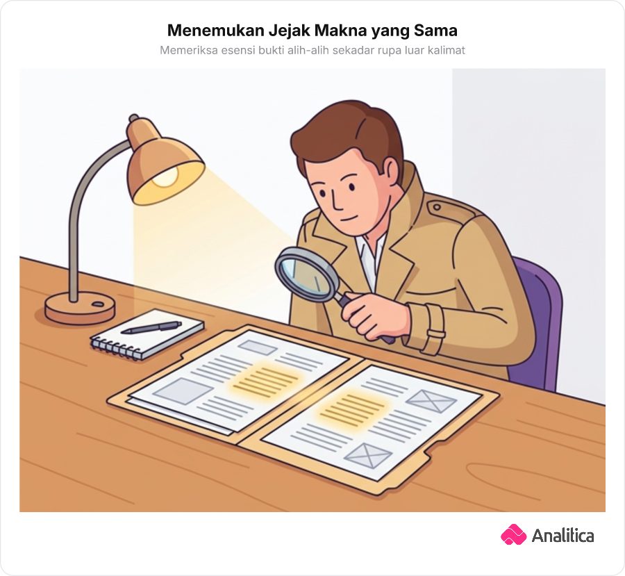 Ilustrasi seorang detektif menggunakan kaca pembesar memeriksa dua dokumen berbeda yang memancarkan pendaran cahaya keemasan serupa, menandakan kecocokan bukti.