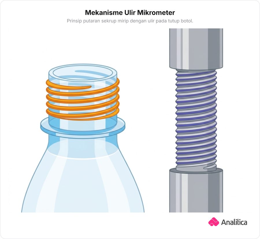 Ilustrasi botol ulir bersanding dengan silinder mikrometer sekrup.
