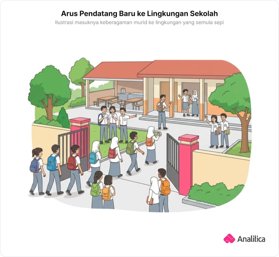 Murid-murid baru dengan seragam dan latar belakang beragam masuk ke gerbang sekolah berkumpul dengan murid lama